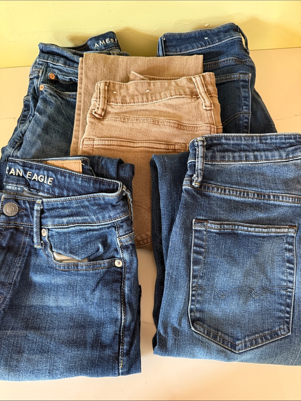 American Eagle Outfitters Straight Leg Jeans in Blue Denim and Tan